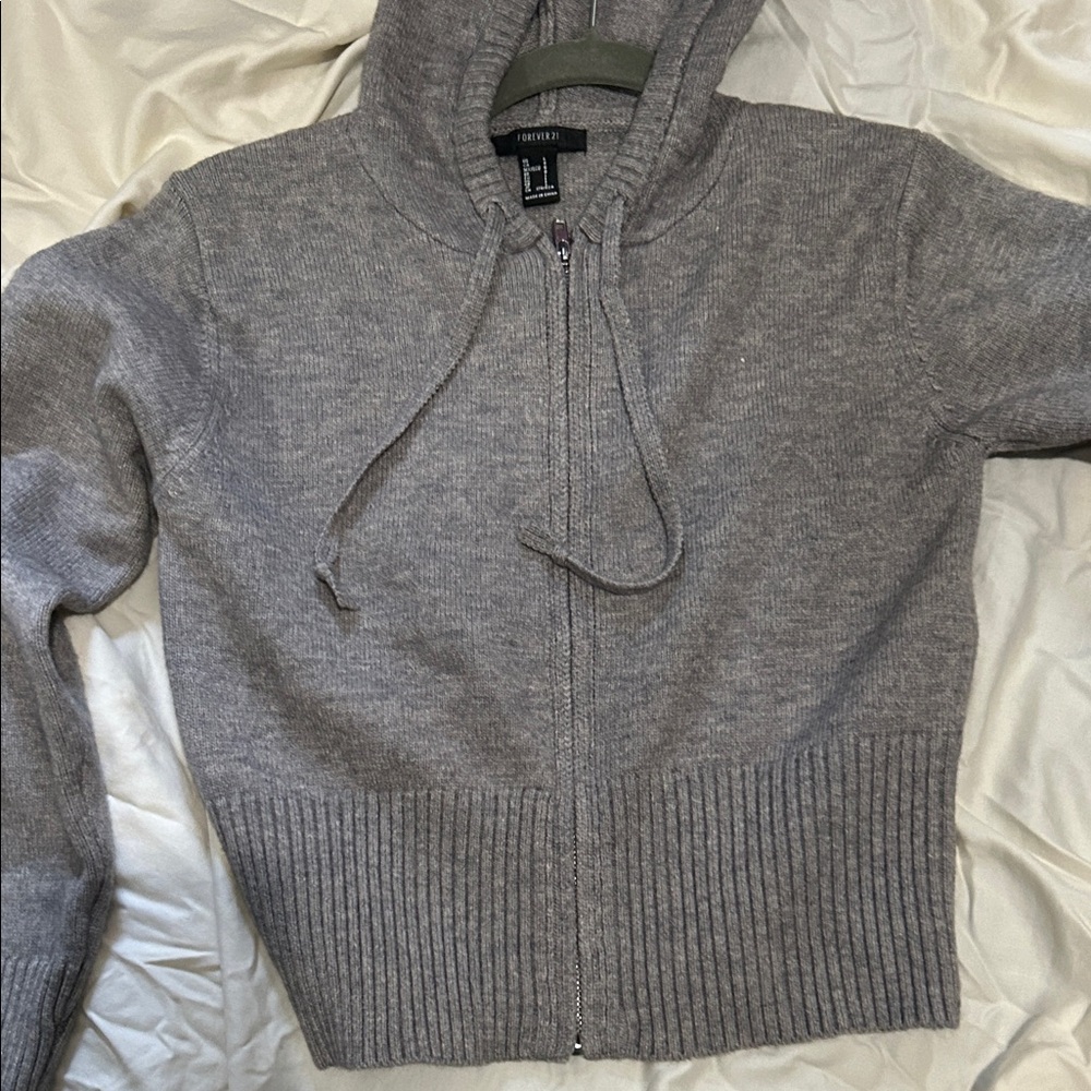 Cropped Gray Zip-Up Sweater with hood - Picture 3 of 8